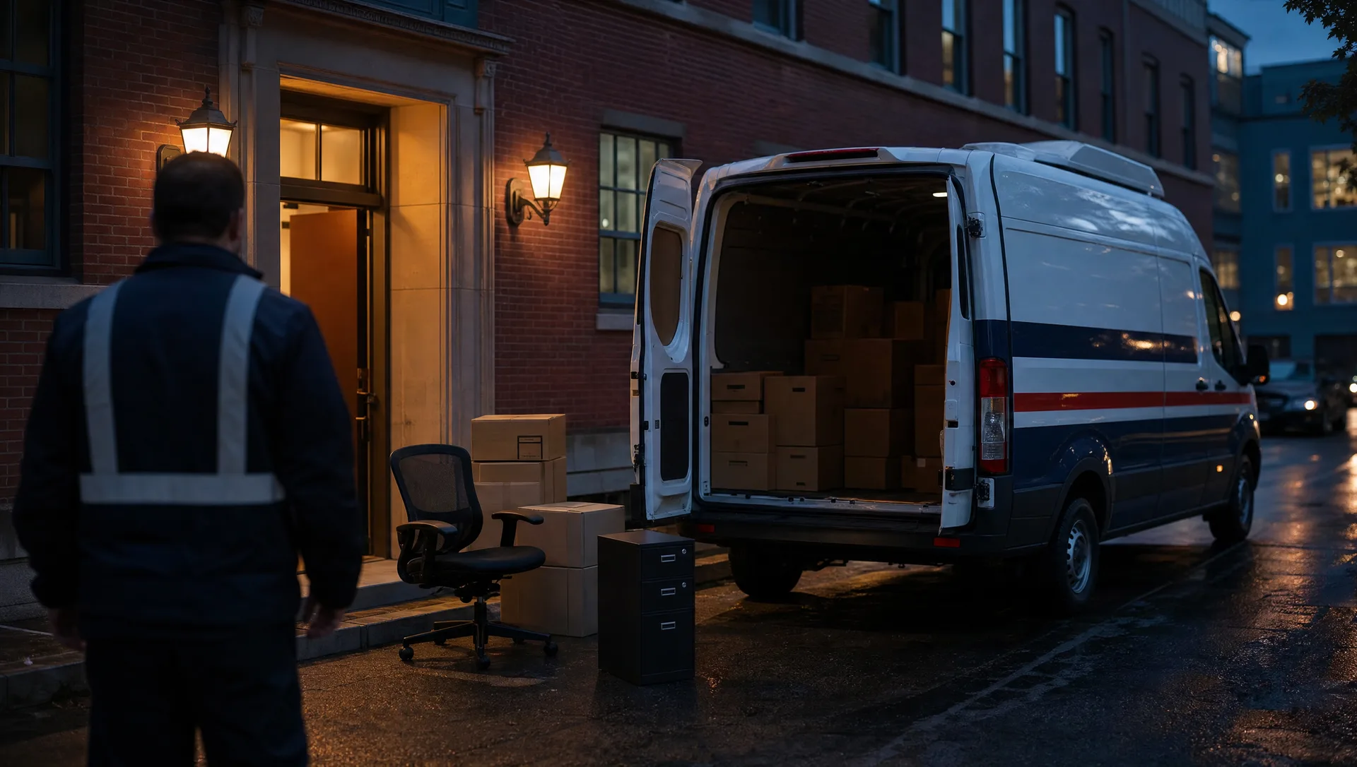 Bremon cargo van loading boxed office material at a service entrance